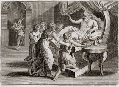 Bible de Royaumont, Ancien Testament : Isaac bénit Jacob. Isaac, désirant bénir Ésaü, donne sa bénédiction à Jacob grâce à la sagesse de Rébecca, selon le plan de Dieu. Illustration de 1811. - Unknown artist