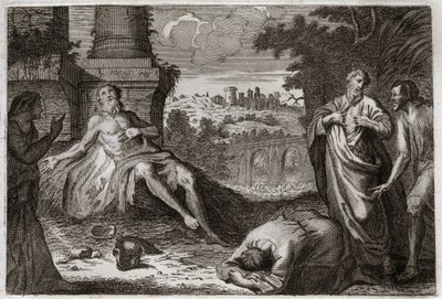 Bible de Royaumont, Ancien Testament : Job sur le fumier. Le saint homme Job est tenté par le démon qui lui enlève tous ses biens et tous ses enfants, le frappe d