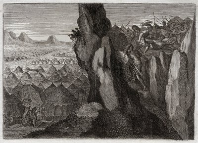 Bible de Royaumont, Ancien Testament : Jonathan et son écuyer. Jonathan, fils du roi Saül, va seul avec son écuyer dans le camp des Philistins et les met en fuite. Illustration de 1811. - Unknown artist