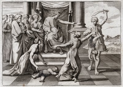 Bible de Royaumont, Ancien Testament : Jugement de Salomon. Le célèbre jugement de Salomon entre deux femmes pour reconnaître laquelle des deux était la mère d