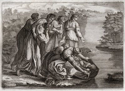 Bible de Royaumont, Ancien Testament : Moïse sauvé des eaux. La fille de Pharaon retire Moïse des eaux du Nil et l