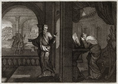 Bible de Royaumont, Ancien Testament : Pénitence de David. Dieu envoie son prophète Nathan à David pour représenter sa faute. Le regret de ce saint roi le fait accepter tous les maux que le prophète lui a prédits. Illustration de 1811. - Unknown artist
