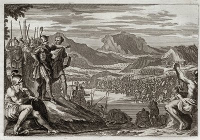 Bible de Royaumont, Ancien Testament : Soldats de Gédéon. Dieu commande à Gédéon (Gideon) de conduire toutes ses troupes au fleuve Jourdain, et lui donne un signe pour discerner ceux qu