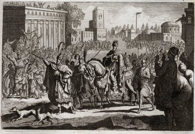 Bible de Royaumont, Ancien Testament : Triomphe de Mardochée. Aman (Haman) est contraint par le roi de proclamer le triomphe de Mardochée (ou Mordekhai ou Mordecai) son ennemi dans toute la ville de Suse. Illustration de 1811. - Unknown artist