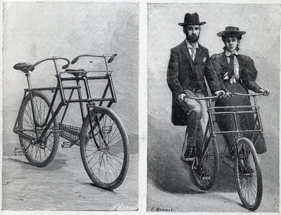 Bicyclette à deux sièges de la manufacture « Punnett Cycle » sans et avec cyclistes. Gravure dans « La Nature » - Unknown artist