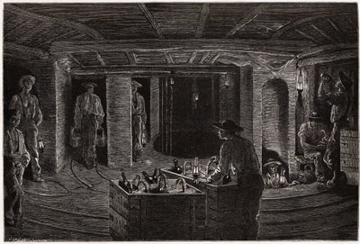 Petit déjeuner dans la mine, distribution et consommation de repas en paniers aux mineurs dans les galeries de charbon du Creusot. Gravure pour illustrer un voyage au Creusot et aux mines de Saône-et-Loire, en 1865, par L. Simonin, dans « Le tour du monde  - Unknown artist