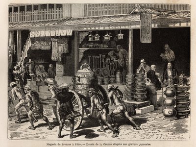 Boutique de bronze à Yedo (ou Edo, Tokyo actuel), spécialité de la ville, présentant des objets de culte bouddhiste : cloches, gongs, tambours, vases, candélabres, encens et statues, mais aussi des objets moins rituels tels que des boîtes à saké, des lampe - Unknown artist