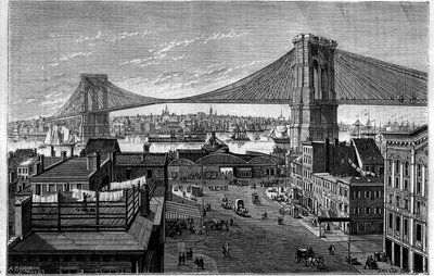 Pont de Brooklyn. Commencé en 1869, en construction au moment de la gravure, il sera achevé en 1883. New York (États-Unis). - Unknown artist