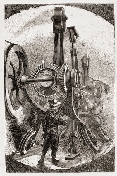 Machine Brunton pour creuser des tunnels dans les roches tendres - dans « Les nouvelles conquêtes de la science : électricité » par Louis Figuier, sd - Unknown artist