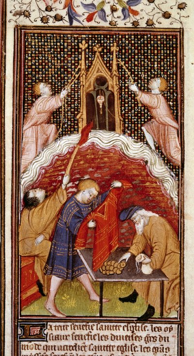 Page de calendrier : Mars. Un mont-de-piété. Miniature du manuscrit des « Heures à l