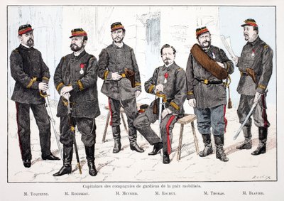 Capitaines des compagnies de maintien de la paix mobilisées, de gauche à droite : M.Toquenne, M.Rousseau, M.Mennier, M.Rochut, M.Thomas, M.Blavier. Eau-forte en couleurs, pour illustration « Histoire du corps des gardiens de la paix » livre publié sous les - Unknown artist