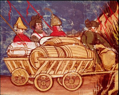 Transport de barils et de nourriture sur des chariots. Miniature du codex « L