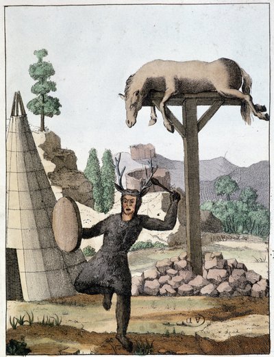 Chaman tongouse dansant devant une sépulture (Sibérie) - gravure, début 19ème siècle - Unknown artist
