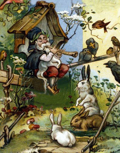 Personnage du nain ou farfadet joueur de flûte. Chromolithographie du 19ème siècle - Unknown artist