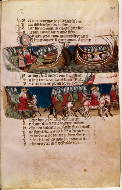 Charlemagne monte sur un navire et en bas guide ses armées pendant ses conquêtes (miniature) - Unknown artist