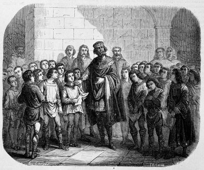 Charlemagne visitant une école - dans "Histoire des Papes, Rois, Reines, Empereurs, à travers les siècles" par Maurice Lachatre - Unknown artist