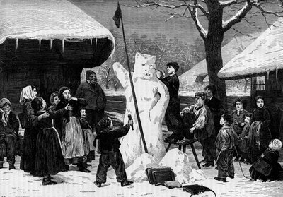 Enfants faisant un bonhomme de neige dans un village des Alpes. Gravure dans « Le Journal de la jeunesse » - Unknown artist