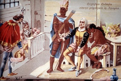 Christophe Colomb retourne prisonnier en Espagne. Chromolithographie du XIXe siècle. - Unknown artist