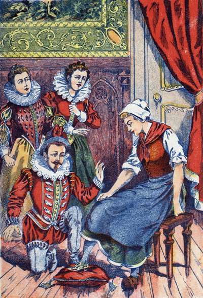 Cendrillon essaie la pantoufle. Illustration anonyme pour « Cendrillon », conte de Charles Perrault (1628-1703), écrivain français. Imagerie Marcel Vagne, Jarville Nancy, fin du XIXe siècle. - Unknown artist