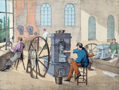 Fabrication de monnaie : ouvriers travaillant dans une usine à différentes étapes, moulage et frappe de pièces. Gravure du XIXe siècle Paris, arts décoratifs - Unknown artist