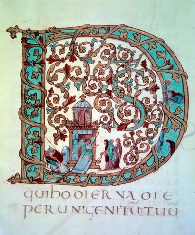Collection de Pâques : grande initiale D ornée et historiée (les Saintes Femmes au tombeau). Miniature (Folio 58) du manuscrit « Sacramentaire de Drogon » du Trésor de la Cathédrale de Metz, 845-855. BN, Paris. - Unknown artist