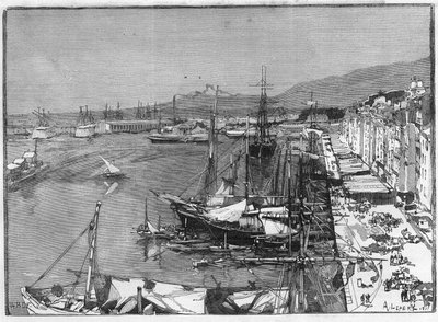 Navire commercial et arsenal dans le port de Toulon (Var), France. Gravure dans "Le Monde Illustré" - Unknown artist
