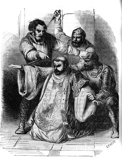 Conspiration contre Charlemagne, 792 : un seigneur surprend la conversation entre les conspirateurs planifiant le meurtre du roi des Francs. Parmi eux, Pépin le Bossu (769-811), fils de Charlemagne. Gravure du 19e siècle - Unknown artist