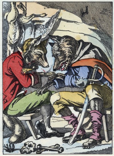 Conversation entre le loup et le renard. Illustration du conte « Compère le Loup, Maître Renard, Commère la Chèvre et ses petits biquets » d