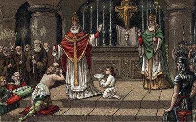 Conversion de Widukind ou Witikind devant Charlemagne en 785. Chromolithographie de la fin du XIXe siècle. - Unknown artist