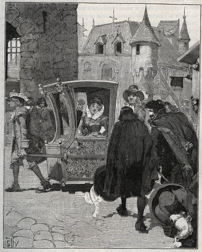 Coutellerie : des bateliers entourent la chaise de Marie de Rabutin-Chantal, marquise de Sévigné dite Madame de Sévigné (1626-1696) pour lui vendre des couteaux à son arrivée à Nogent (Haute-Marne) en 1675. Gravure de 1885 dans « Les arts et métiers illus - Unknown artist