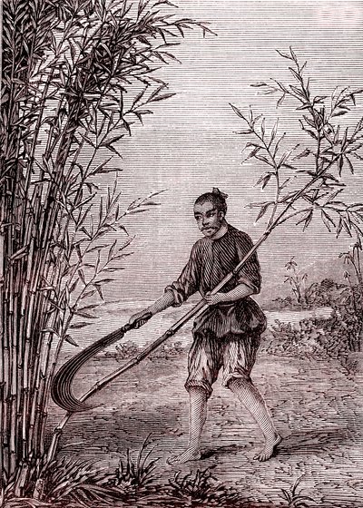 Coupe des bambous, fabrication du papier en Chine (IIIe siècle av. J.-C.) (gravure) - Unknown Artist