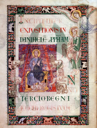 Daniel dans la fosse aux lions sauvé par le prophète Habacuc. Miniature tirée du manuscrit « Histoire ancienne jusqu
