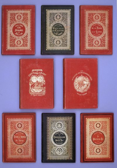 Différentes couvertures des livres de Jules Verne publiés dans les éditions Hetzel. Collection de la bibliothèque Verne. Paris - Unknown artist