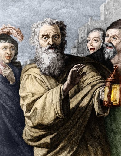 Diogène (philosophe cynique) et sa lanterne, avec laquelle il cherchait un homme honnête. Gravure du 19ème siècle - Unknown artist