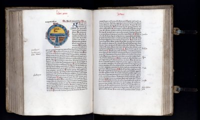 Double page avec la carte schématique du monde sur le modèle T-O, trois continents sont représentés (Asie, Afrique et Europe). Manuscrit « Ethymologies » (Etymologiae) d