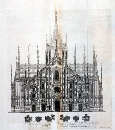 Dessin de la façade du Duomo de Milan montrant son uniformité avec le corps du bâtiment. De nombreux projets architecturaux ont été conçus autour du 17e siècle pour compléter la façade restée inachevée. - Unknown artist