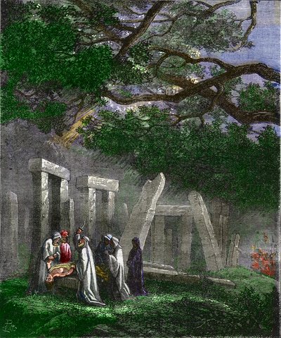 Sacrifice humain par les druides à Stonehenge arrêté par les soldats romains - Gravure en couleur du 19ème siècle - Unknown artist