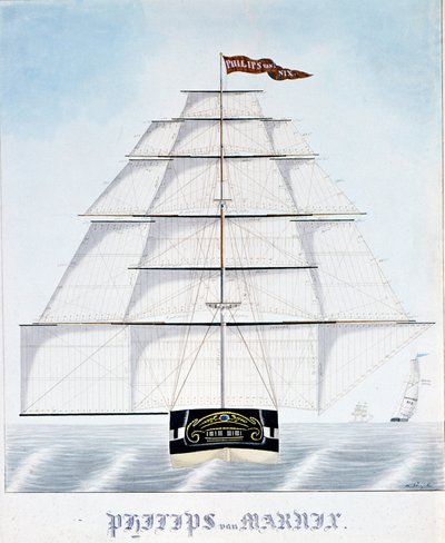 Clipper néerlandais Philip van Marnix équipe des voiles supplémentaires. Illustration de W. Naujoks. 19ème siècle - Unknown artist