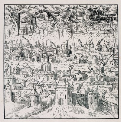 Tremblement de terre à Baden - dans "Recueil de 39 figures représentant les calamités de la France de 1562 à 1586"; imprimerie Louis Perrin - Unknown artist