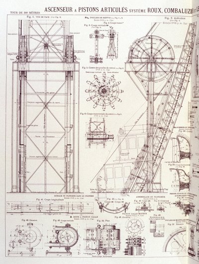 Ascenseur et pistons articulés de la Tour Eiffel (système Roux-Combaluzier) - dessin industriel - Unknown artist
