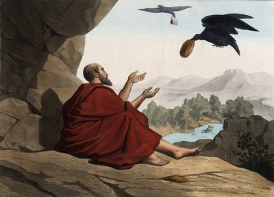 Élie, caché près du ruisseau de Kerith, est nourri par les corbeaux. Gravure anonyme du milieu du 19ème siècle - Unknown artist