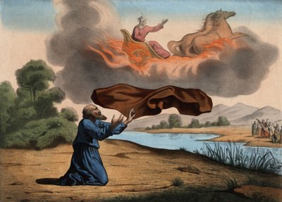 Élie élevé au ciel laisse son manteau à Élisée en signe de succession. Les deux prophètes se rendaient à Jéricho lorsque Élie fut emporté par un char de feu tiré par des chevaux de feu, envoyé par Dieu, dans un ciel orageux. Gravure anonyme du milieu du 19 - Unknown artist