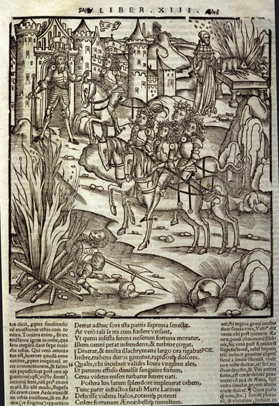 Énéide de Virgile (70 av. J.-C.-19 av. J.-C.), livre XIII (supplément), les héros troyens Énée reçoivent les Latins, des sacrifices sont faits en l