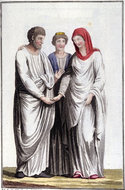 Engagement ou promesse de mariage : dextrarum iunctio ou union des mains droites. Gravure du 19ème siècle - Unknown artist