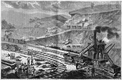 Gravure de 1885 montrant les travaux de percement de l