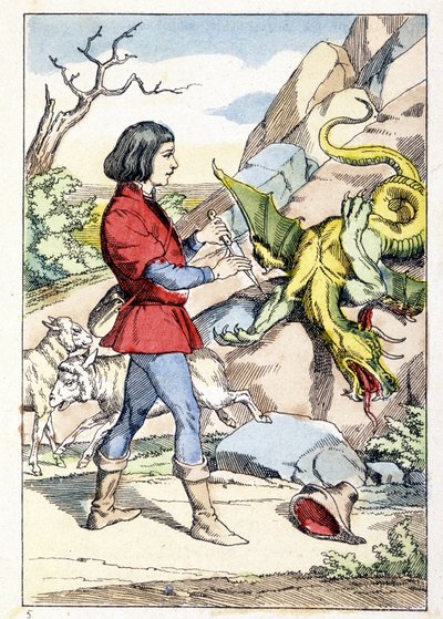 Gravure représentant un pasteur avec un couteau prêt à affronter un dragon. La bête se raidit dès que le pasteur ouvrit son couteau. Conte de Charles Perrault : « La flûte et le couteau enchanté » - Unknown artist