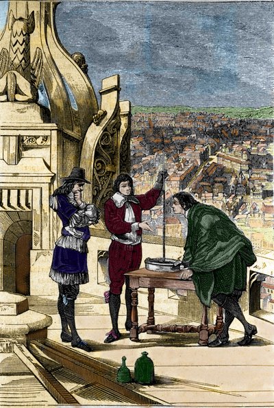 Expérience de Blaise Pascal avec un baromètre à mercure au sommet de la Tour Saint-Jacques la Boucherie à Paris. - Unknown artist