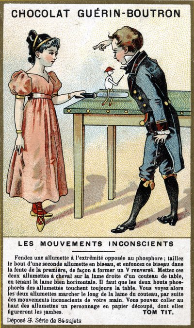 Expérience de deux enfants avec des allumettes et un couteau. Chromolithographie d