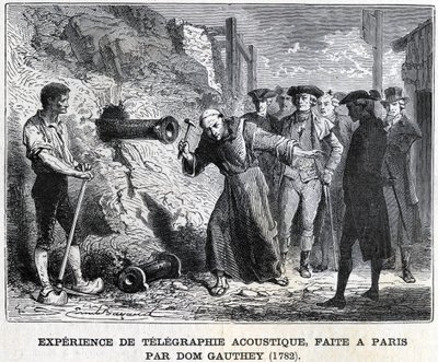 Expérience de télégraphie acoustique, réalisée à Paris par Gauthey en 1782, gravure du 19ème siècle, collection Bianchetti. - Unknown artist