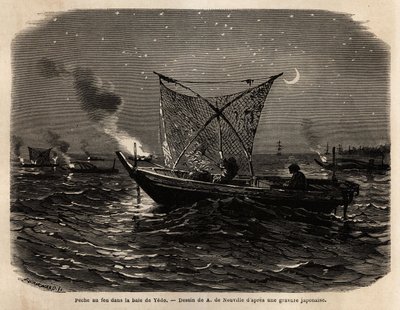 Pêche au feu dans la baie de Yedo (ou Edo, Tokyo actuel), pendant la nuit, chaque bateau porte une sorte de grille à l